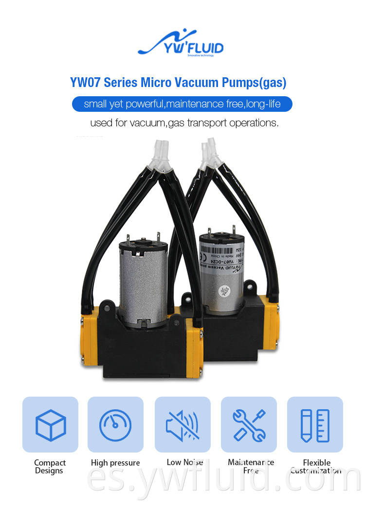YWfluid 12V 24V Micro bomba de vacío de alto rendimiento con flujo máximo 10 L / min utilizada para succión de transmisión de gas YW07-DC